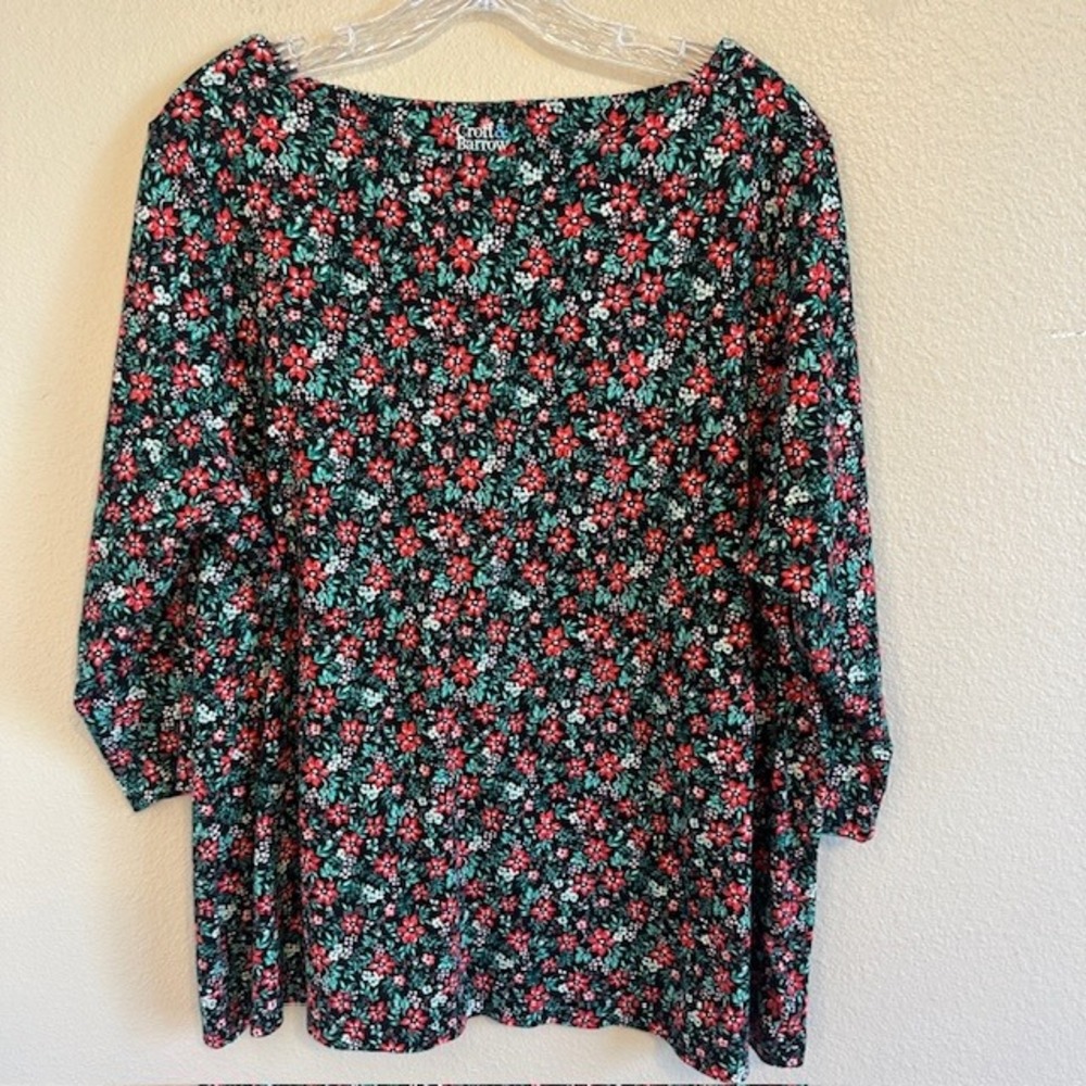 Croft & Barrow Women's Christmas Holly Print 3/4 Sleeve Cotton Blouse Size 2X